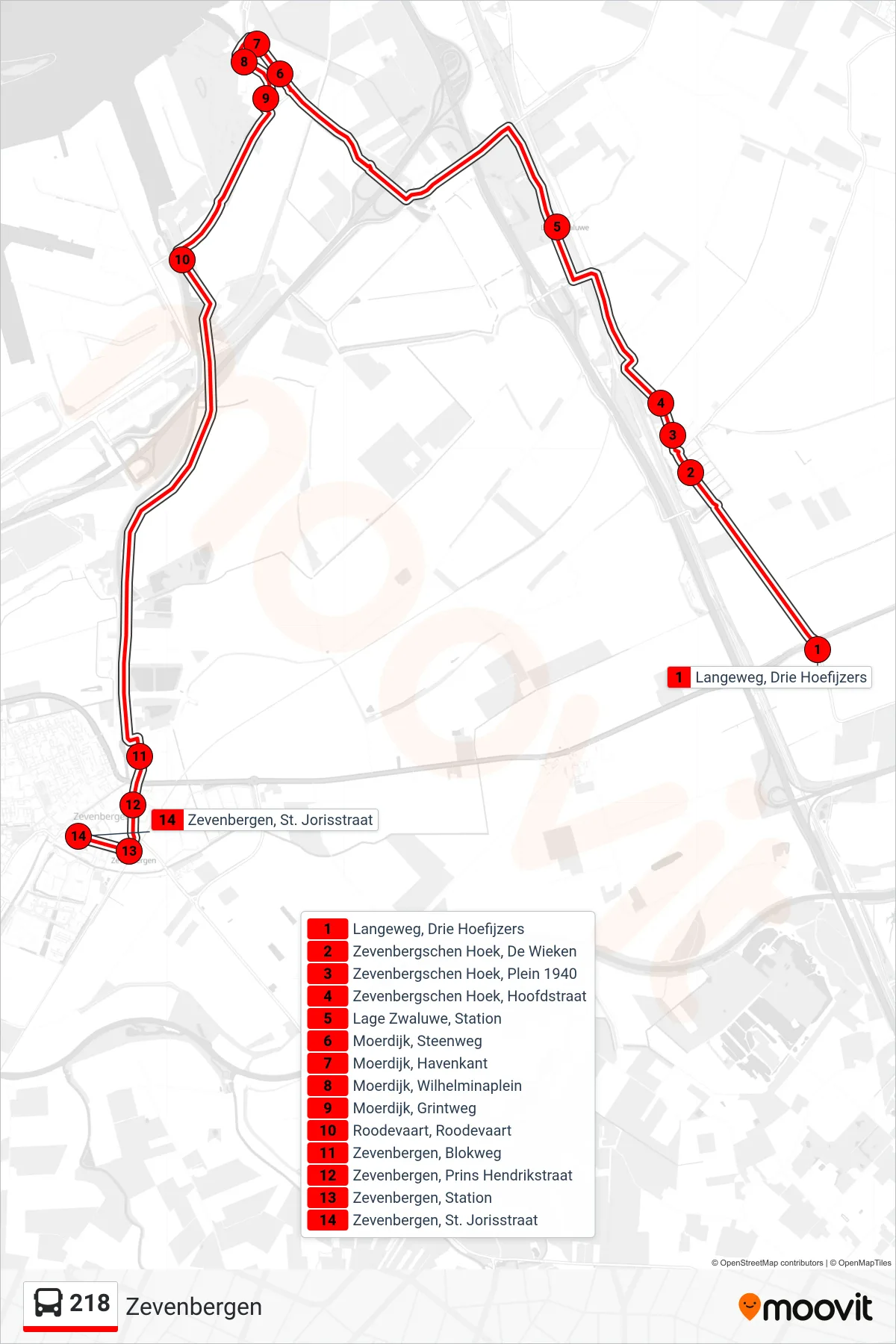Lijn 218 (bus, Zevenbergen): route en haltes op de kaart