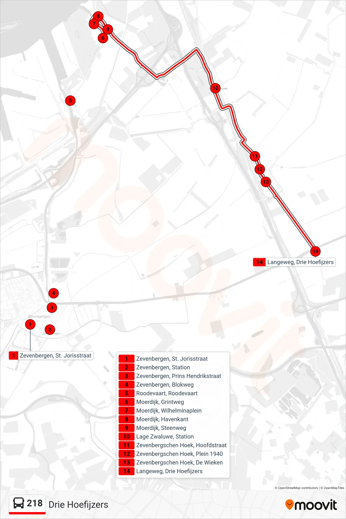 Lijn 218 (bus, Drie Hoefijzers): route en haltes op de kaart