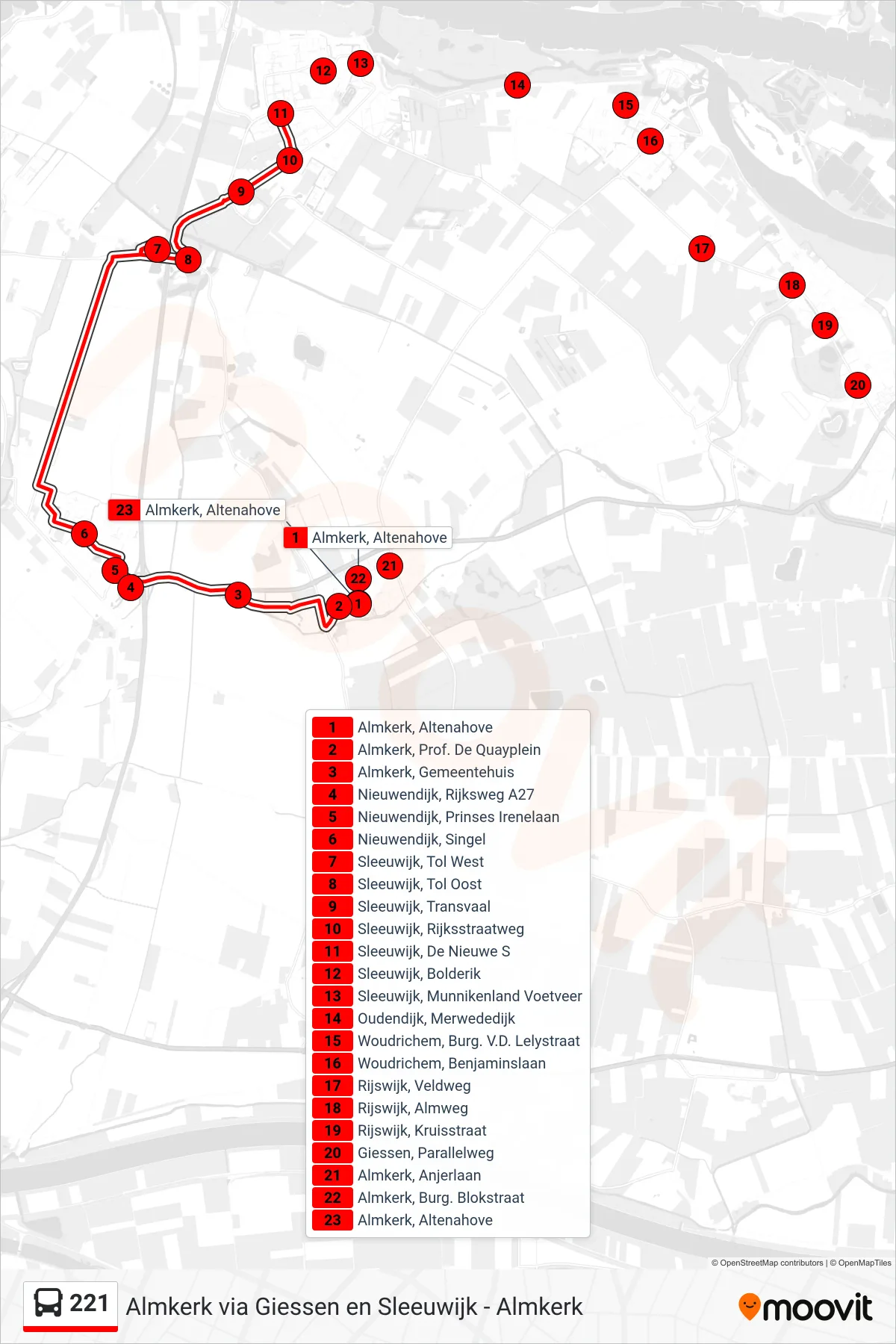Lijn 221 (bus, Sleeuwijk): route en haltes op de kaart