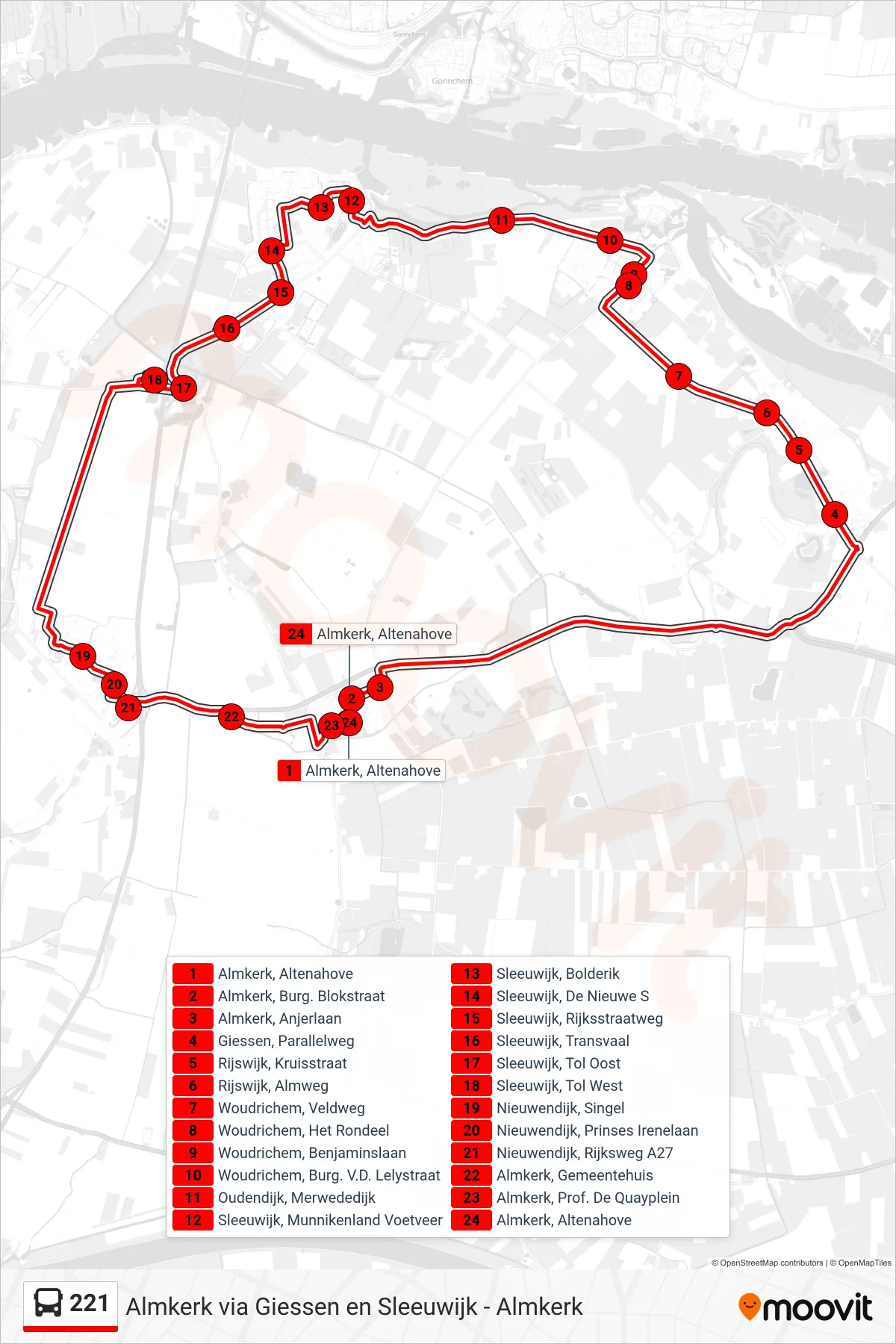 Lijn 221 (bus, Sleeuwijk): route en haltes op de kaart