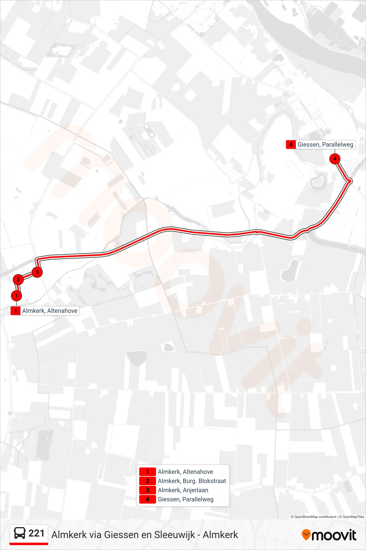 Lijn 221 (bus, Giessen): route en haltes op de kaart