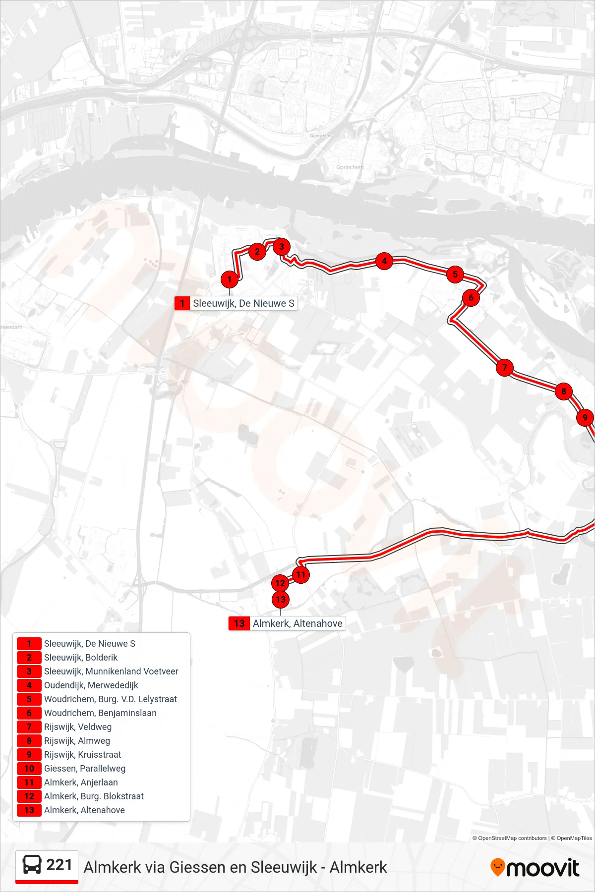 221 bus Line (Almkerk) route and stops on a map