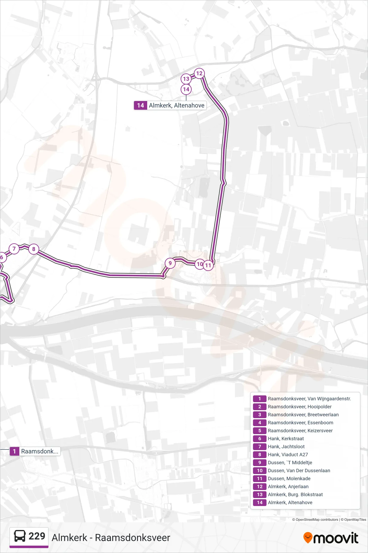 Lijn 229 (bus, Almkerk): route en haltes op de kaart