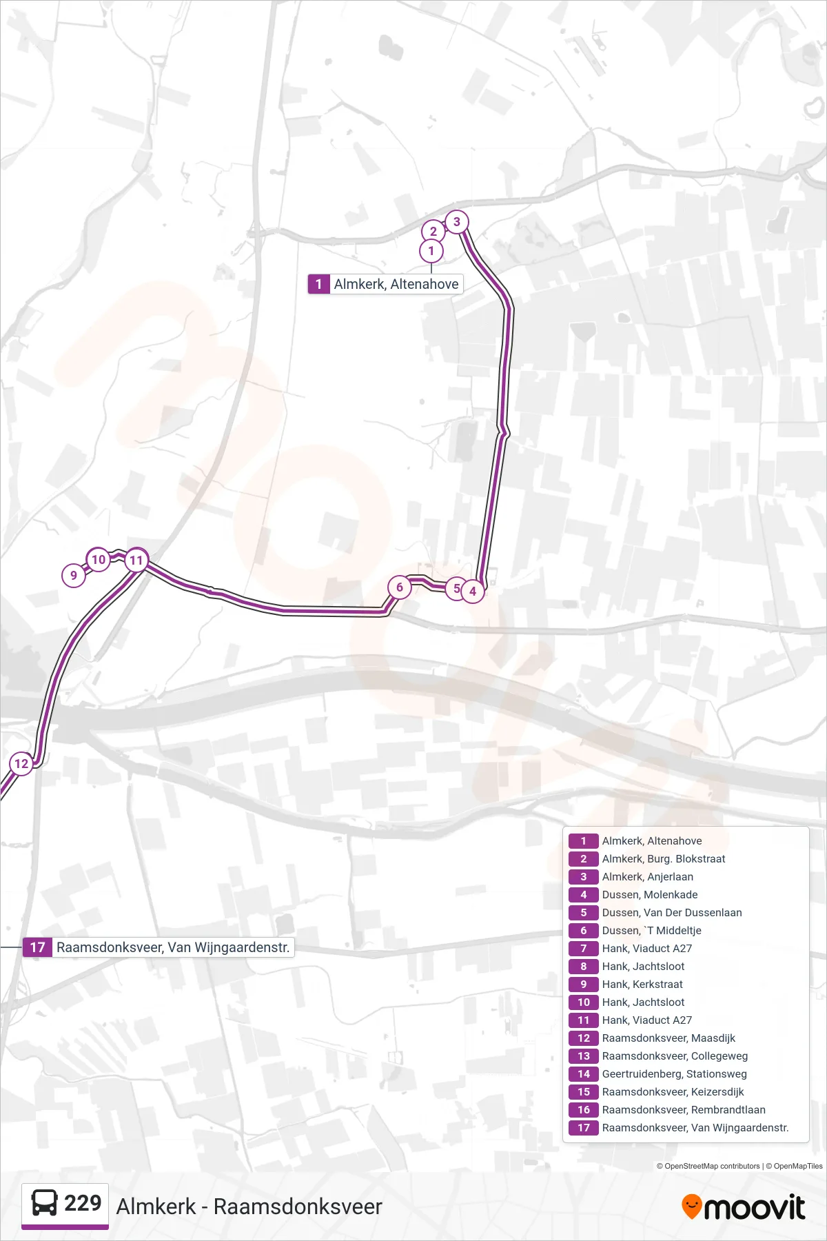 229 bus Line (Raamsdonksveer) route and stops on a map