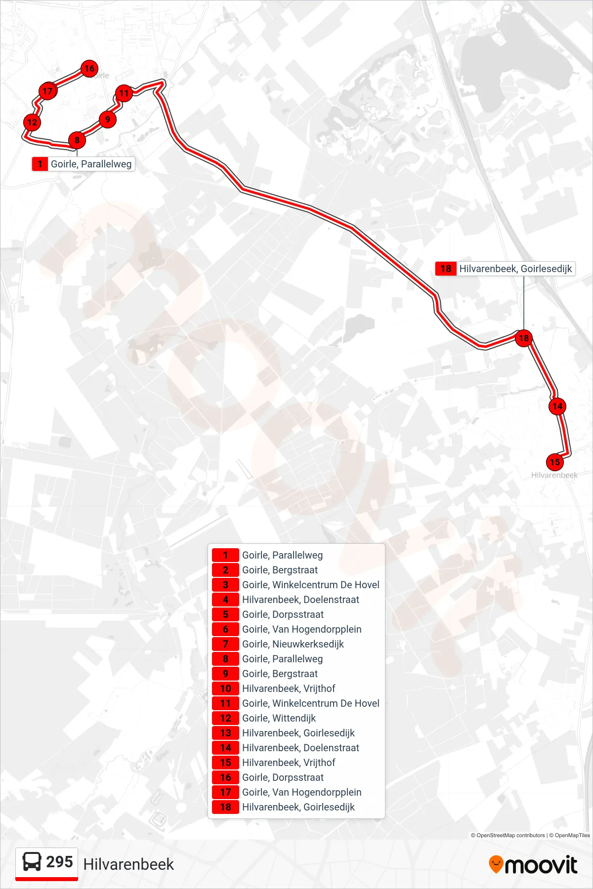 295 bus Line (Hilvarenbeek) route and stops on a map