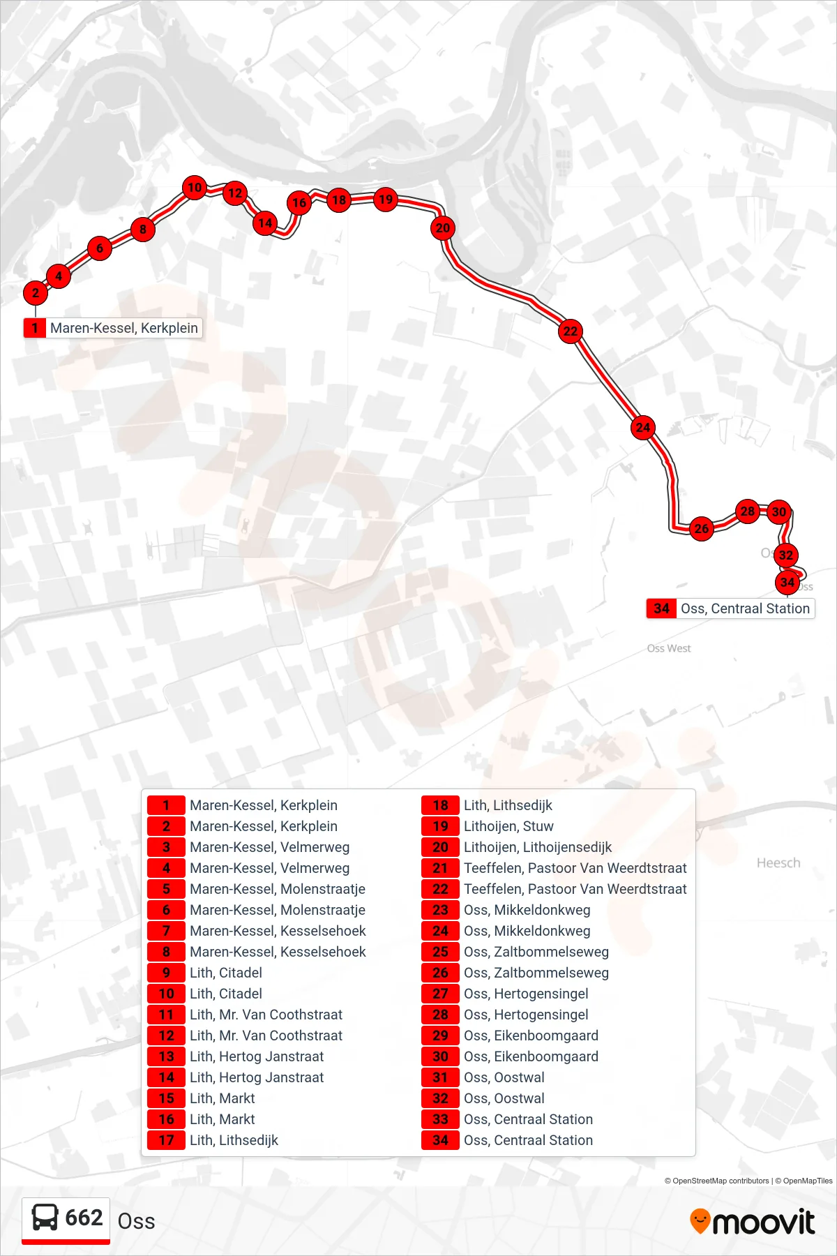 Lijn 662 (bus, Oss): route en haltes op de kaart