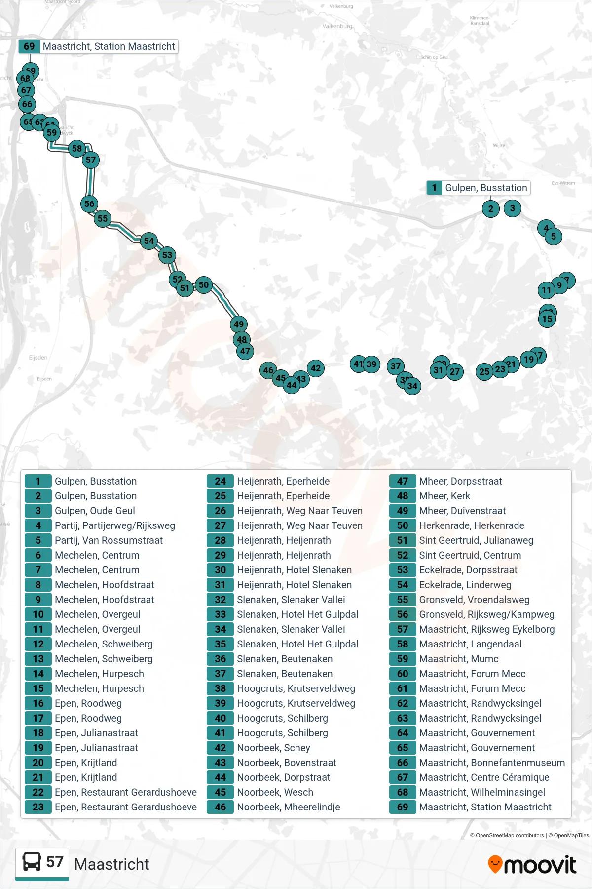 Lijn 57 (bus, Maastricht): route en haltes op de kaart