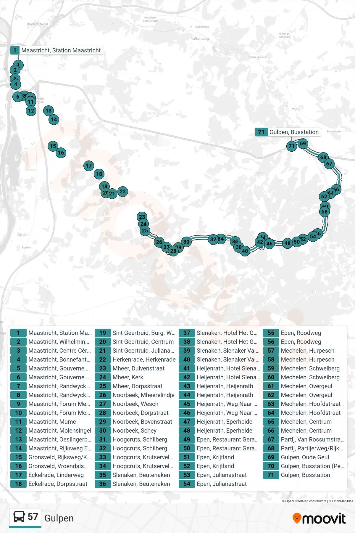 Lijn 57 (bus, Gulpen): route en haltes op de kaart