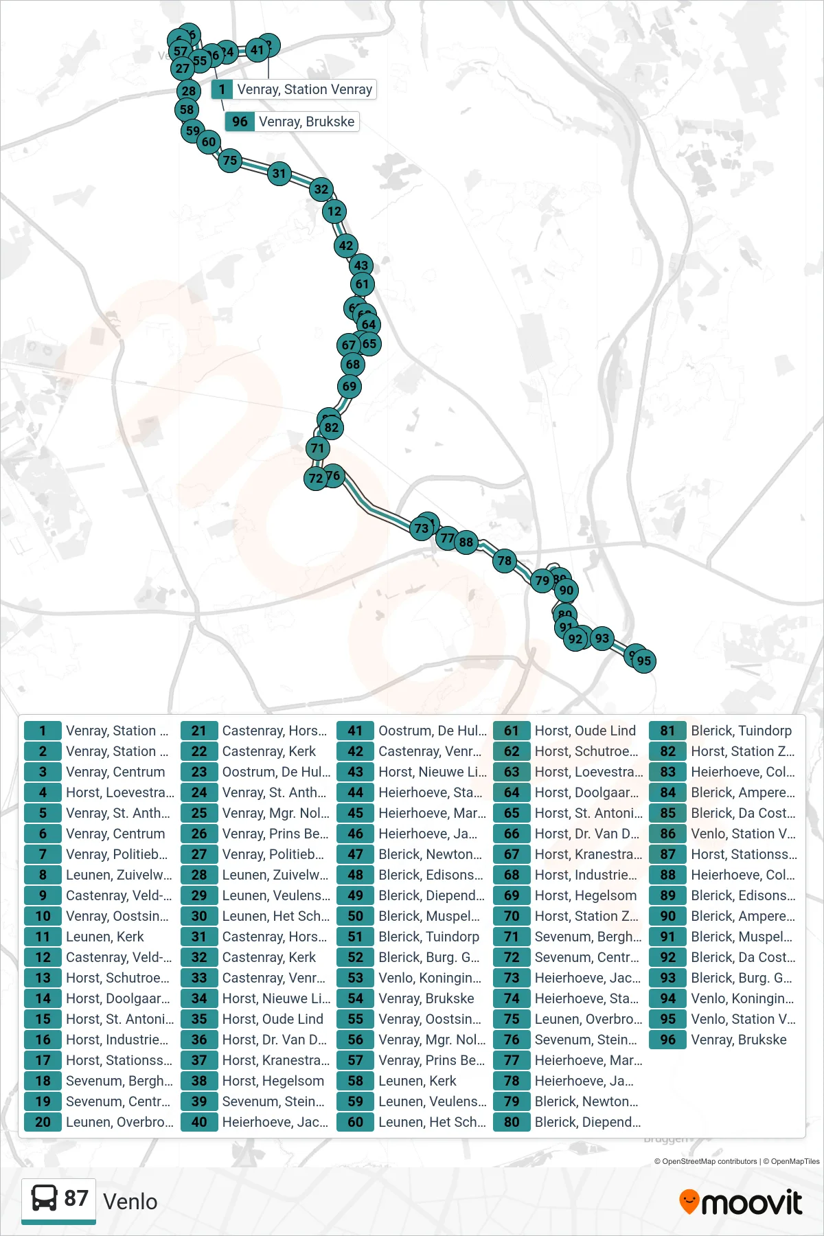 Lijn 87 (bus, Venlo): route en haltes op de kaart