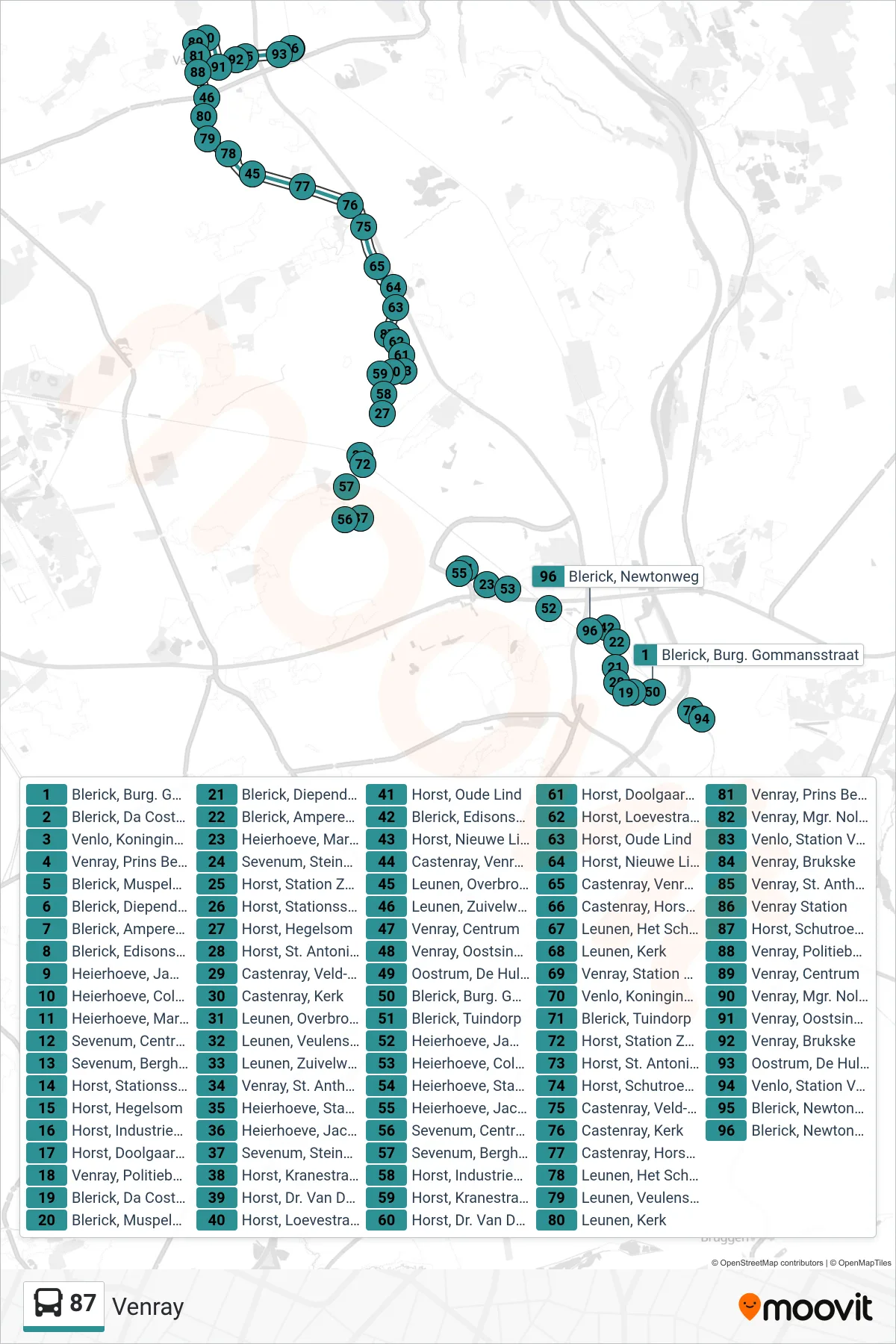 Lijn 87 (bus, Venray): route en haltes op de kaart
