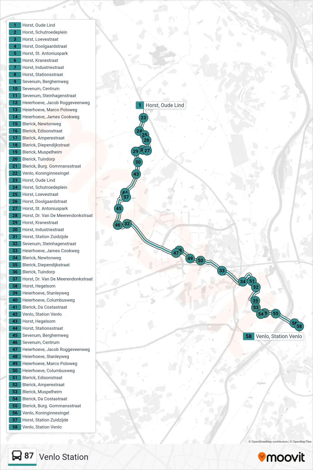 87 bus Line (Venlo Station) route and stops on a map