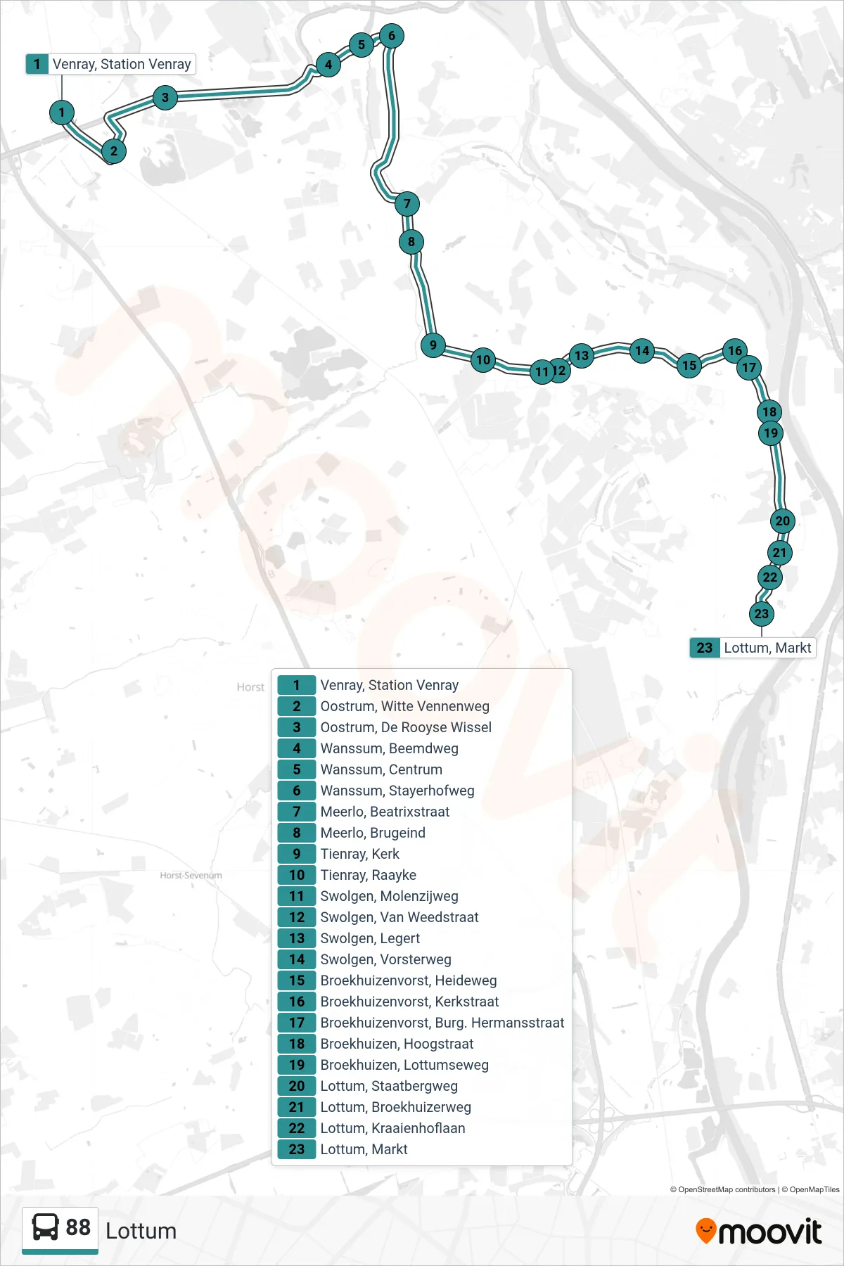 88 bus Line (Lottum) route and stops on a map