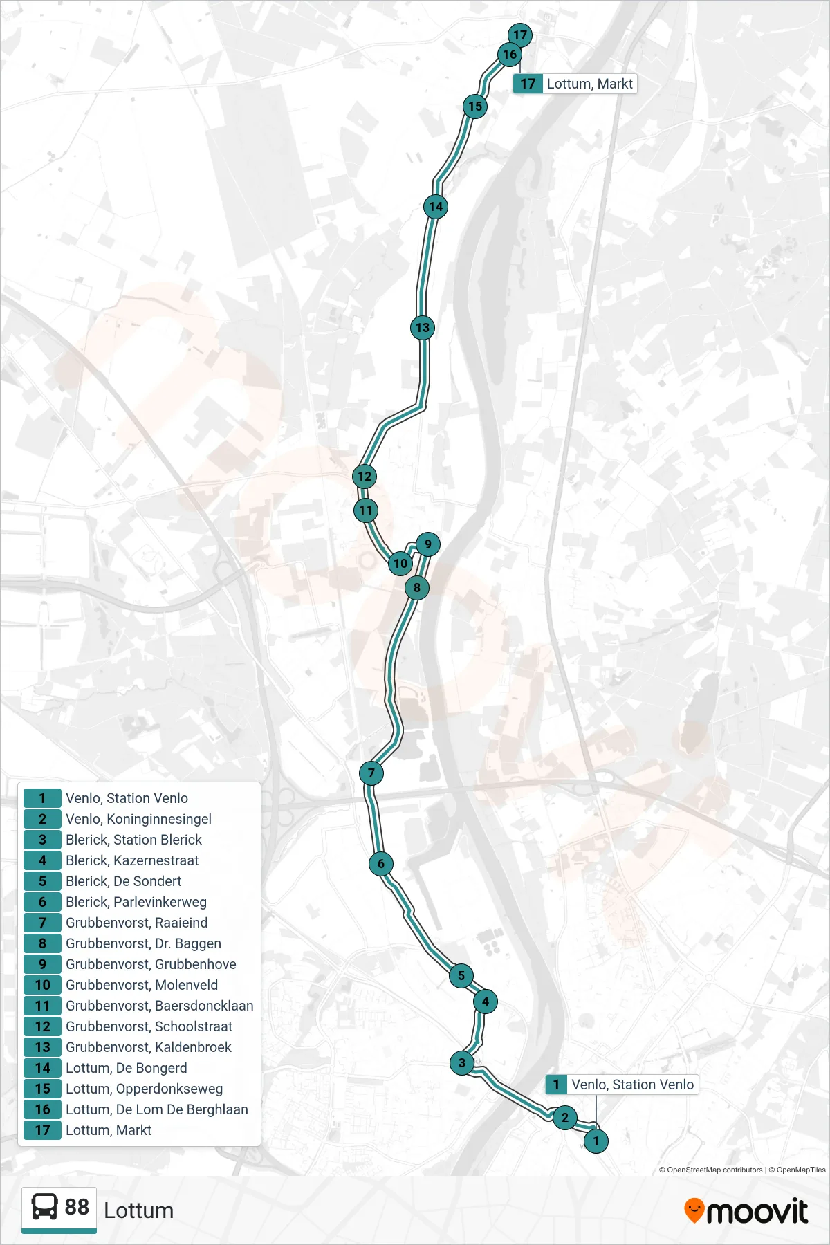 88 bus Line (Lottum) route and stops on a map