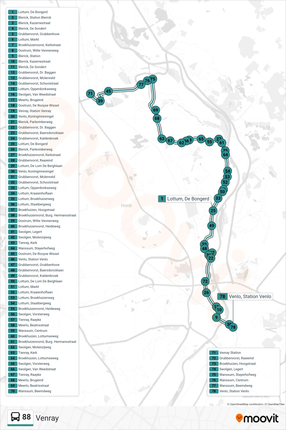 Linie 88 (Bus) Richtung Venray: Route und Haltestellen auf der Karte