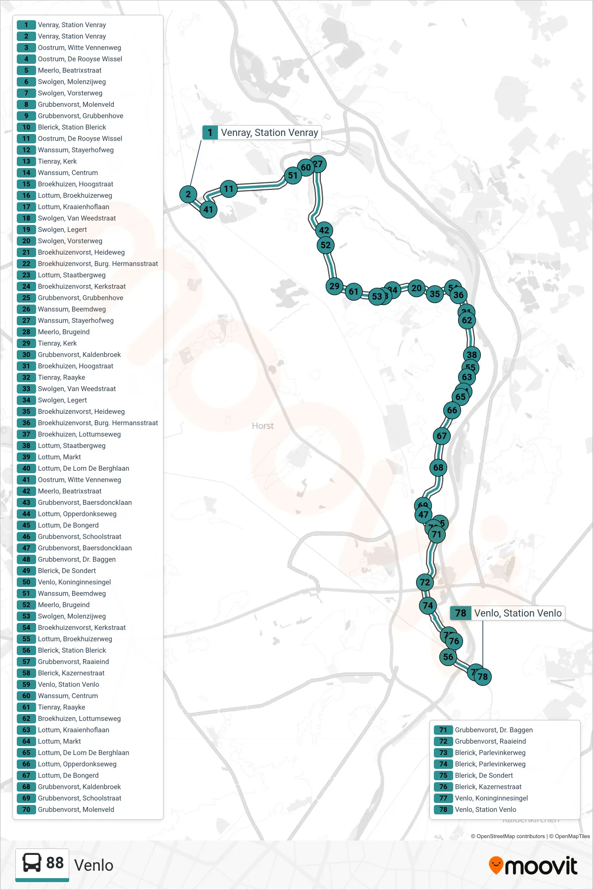 Lijn 88 (bus, Venlo): route en haltes op de kaart