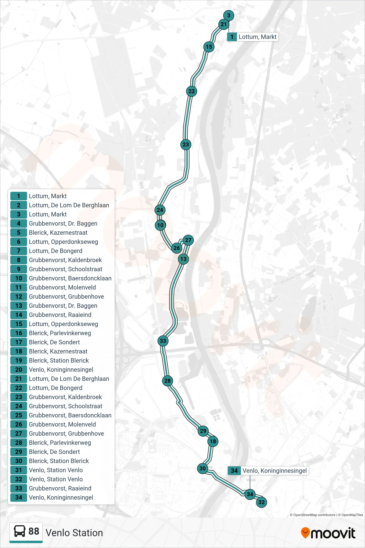 Linie 88 (Bus) Richtung Venlo Station: Route und Haltestellen auf der Karte