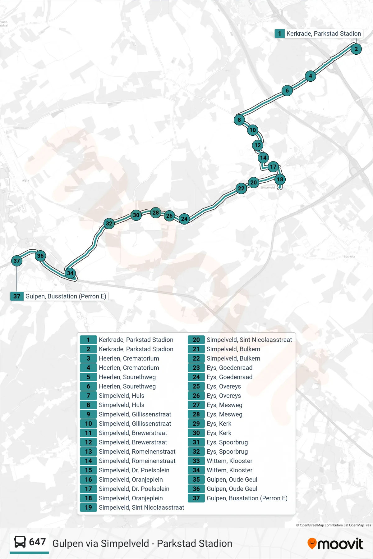 Lijn 647 (bus, Gulpen): route en haltes op de kaart