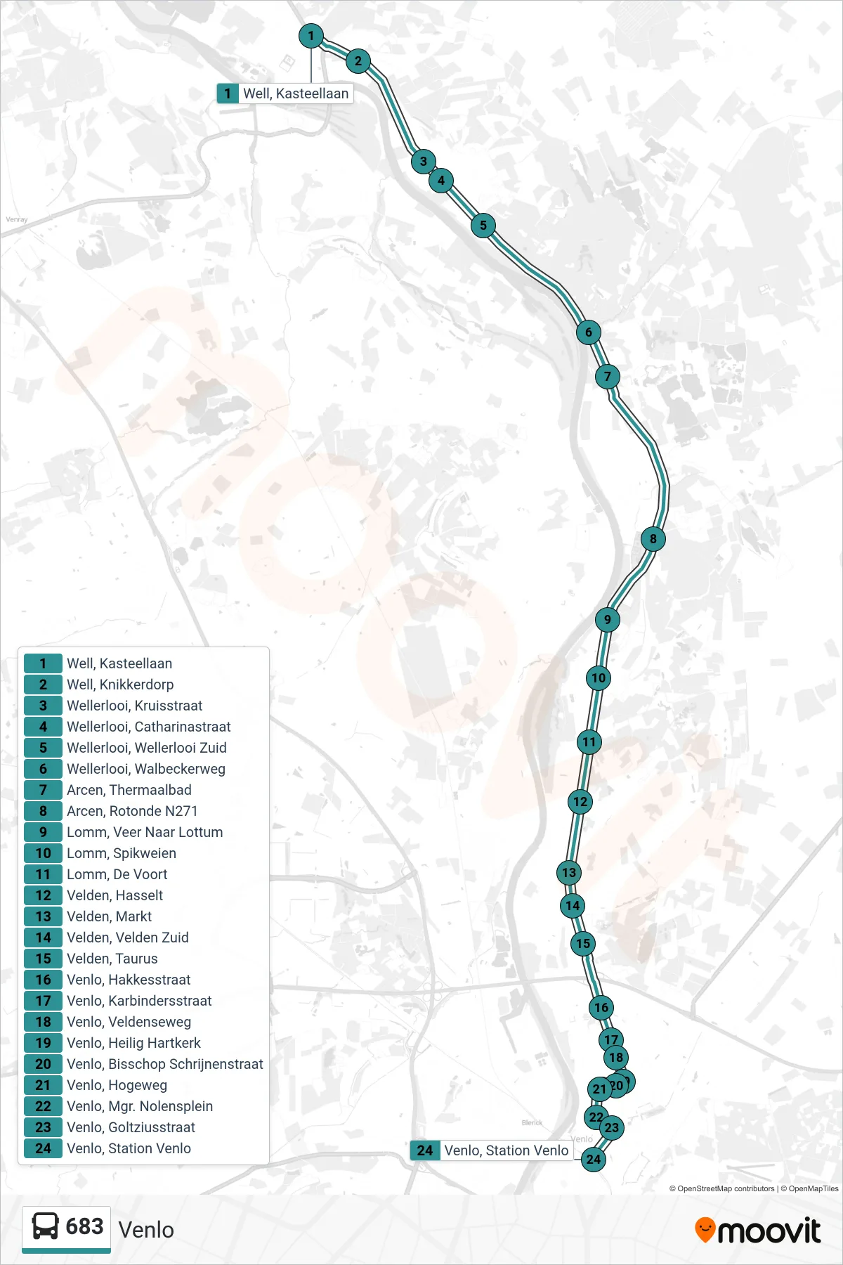 Lijn 683 (bus, Venlo): route en haltes op de kaart