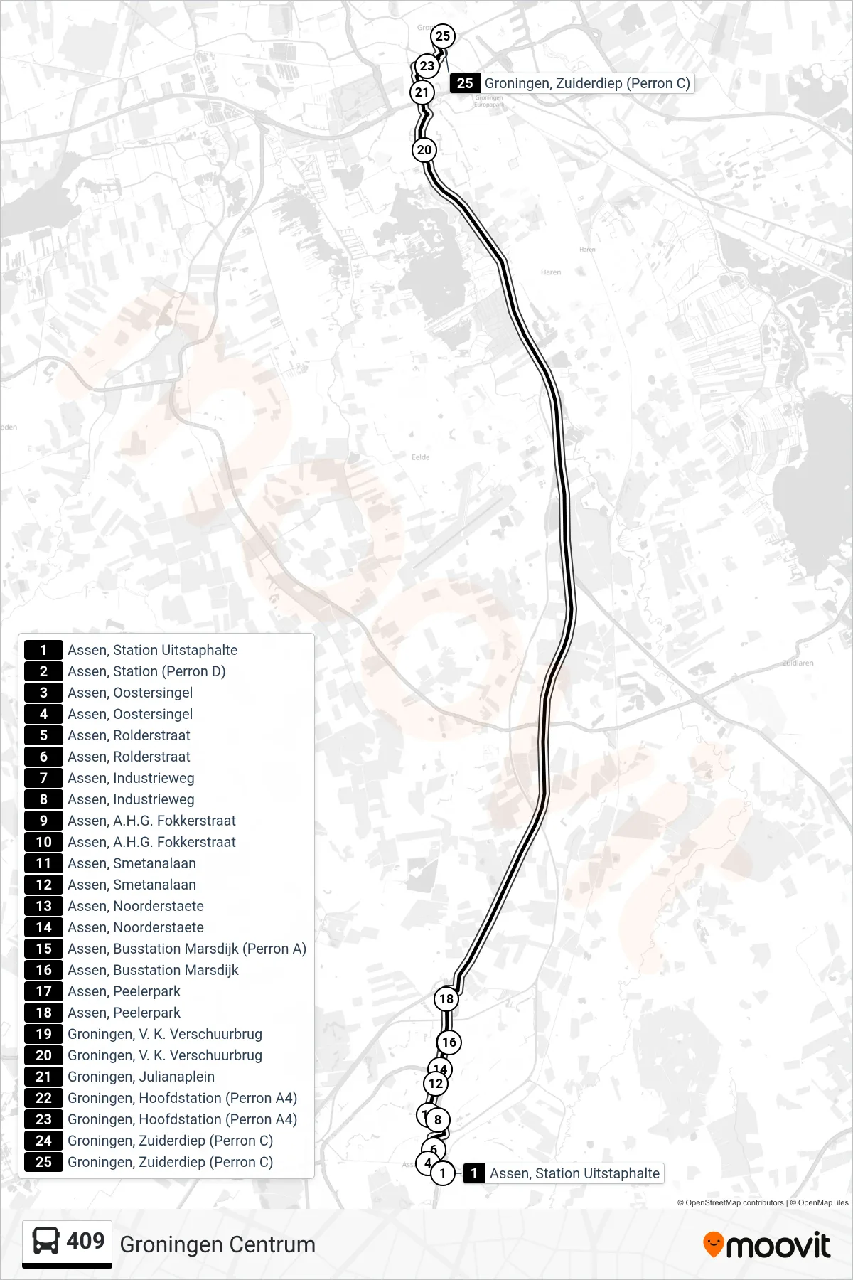 409 bus Line (Groningen Centrum) route and stops on a map