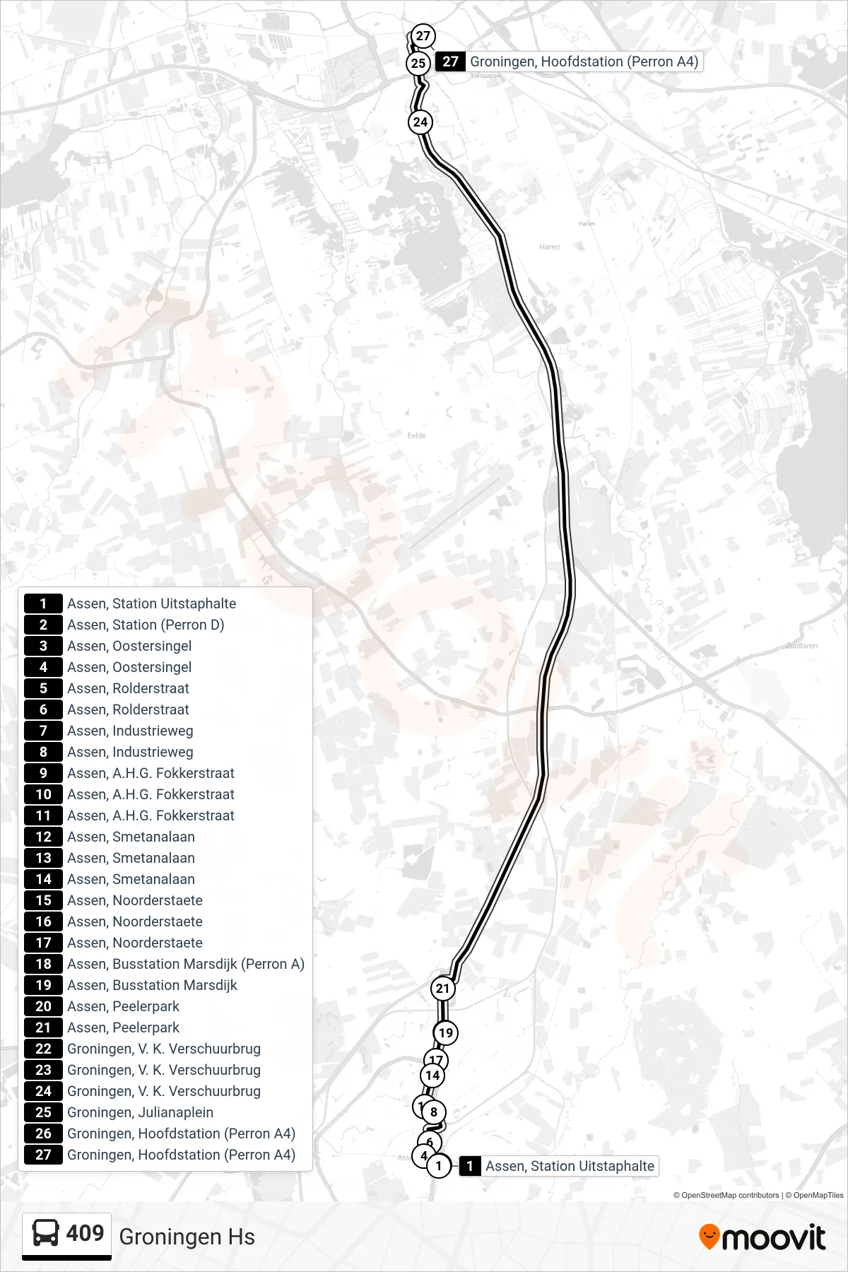 Lijn 409 (bus, Groningen Hs): route en haltes op de kaart