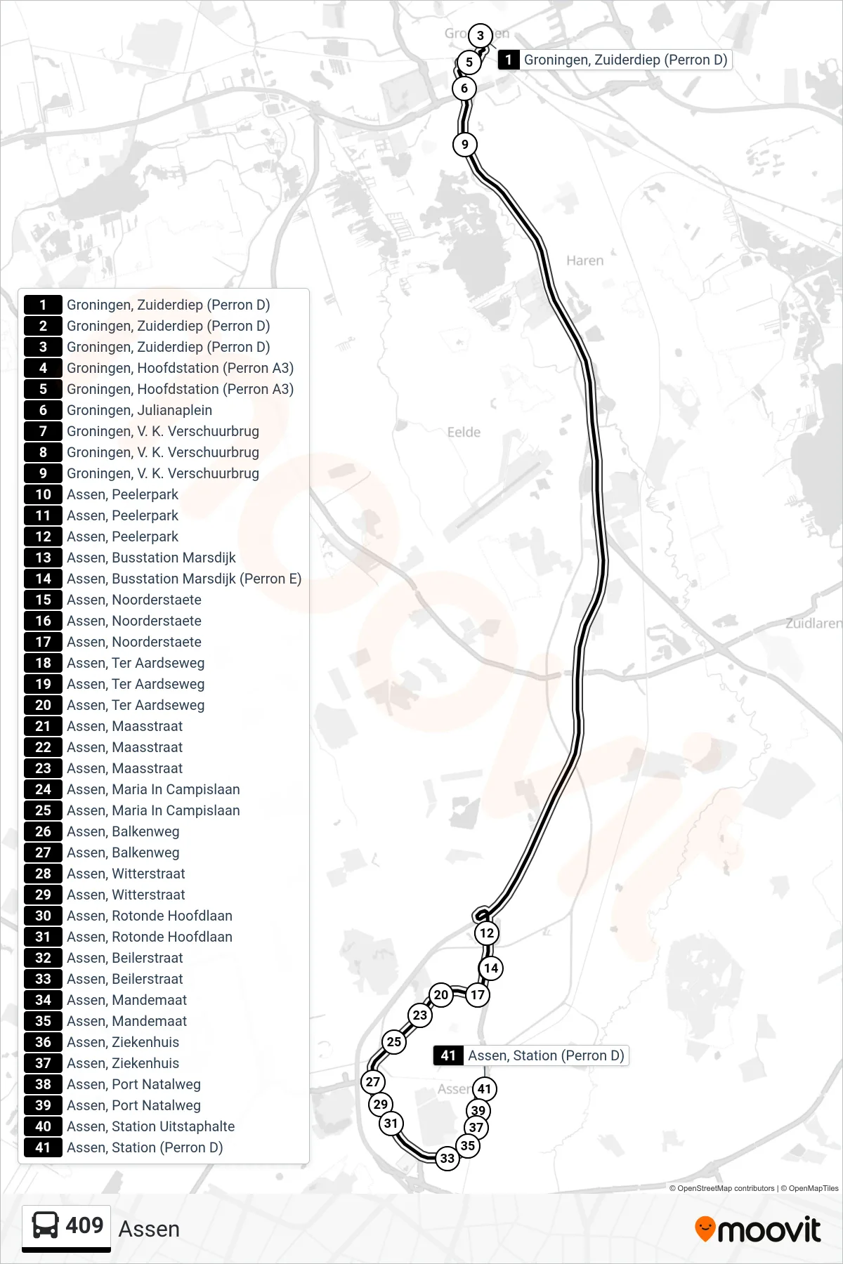 Lijn 409 (bus, Assen): route en haltes op de kaart