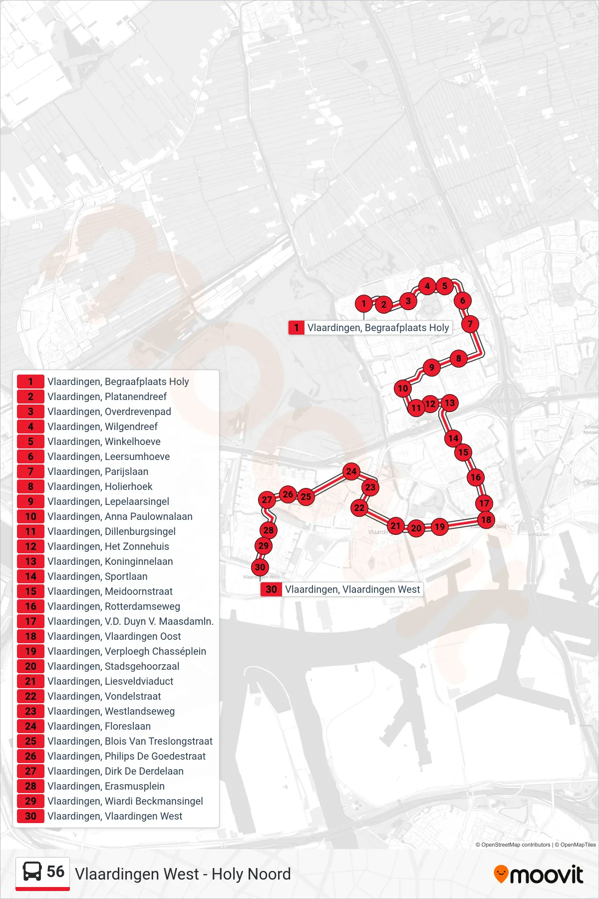 56 bus Line (Station Vlaardingen West) route and stops on a map