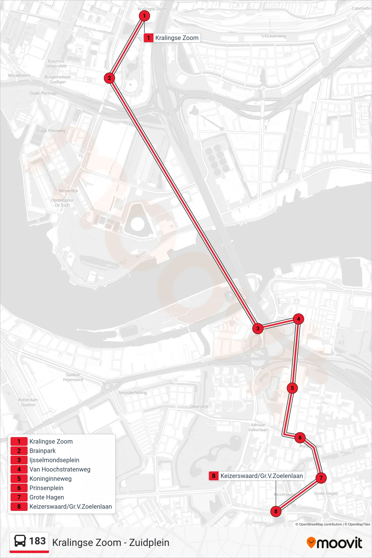 Lijn 183 (bus, Kralingse Zoom): route en haltes op de kaart