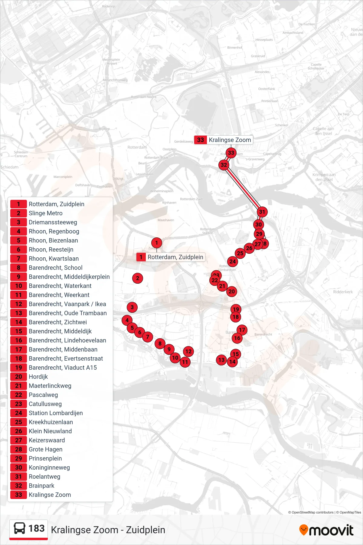 Lijn 183 (bus, Kralingse Zoom): route en haltes op de kaart