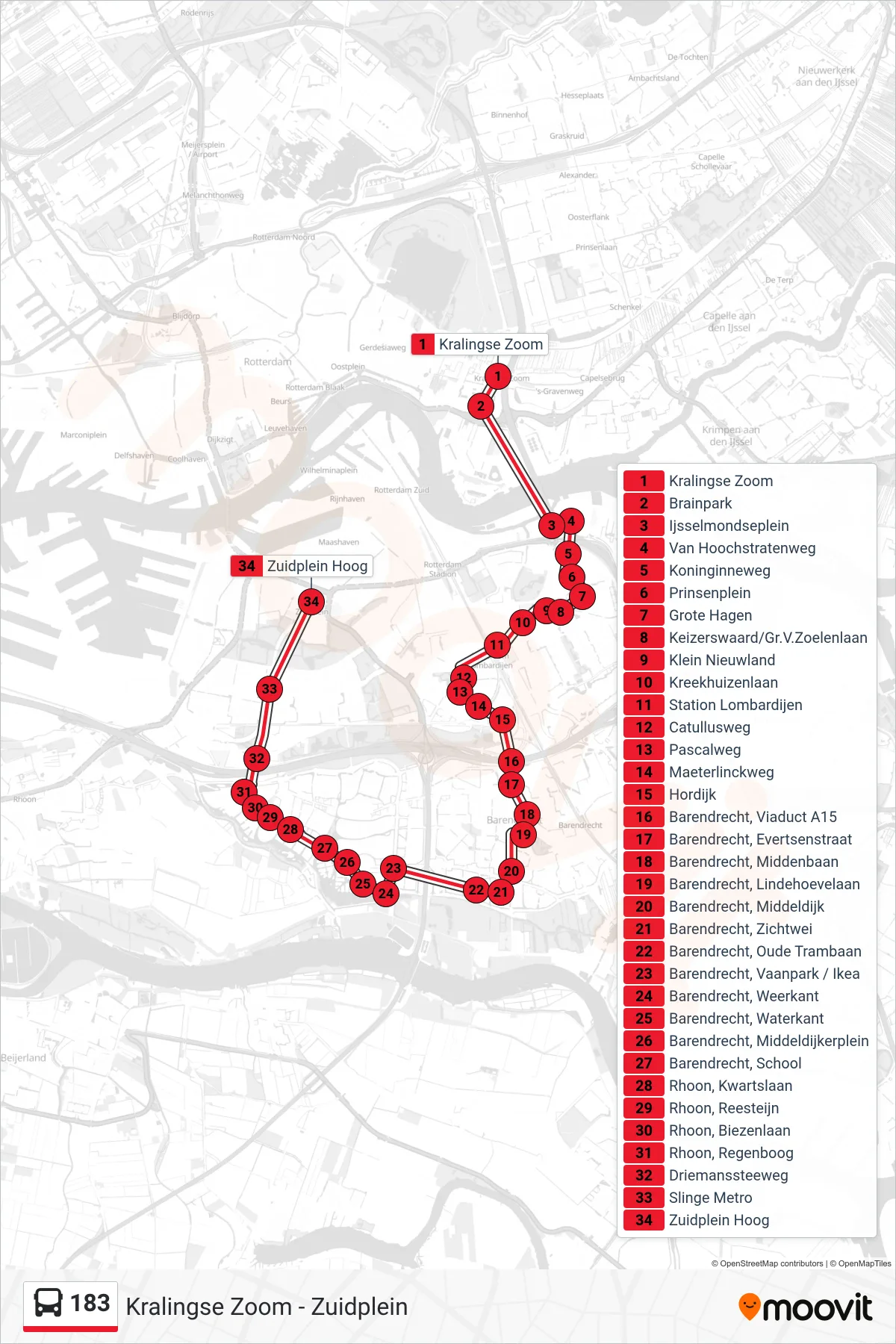 Lijn 183 (bus, Zuidplein): route en haltes op de kaart