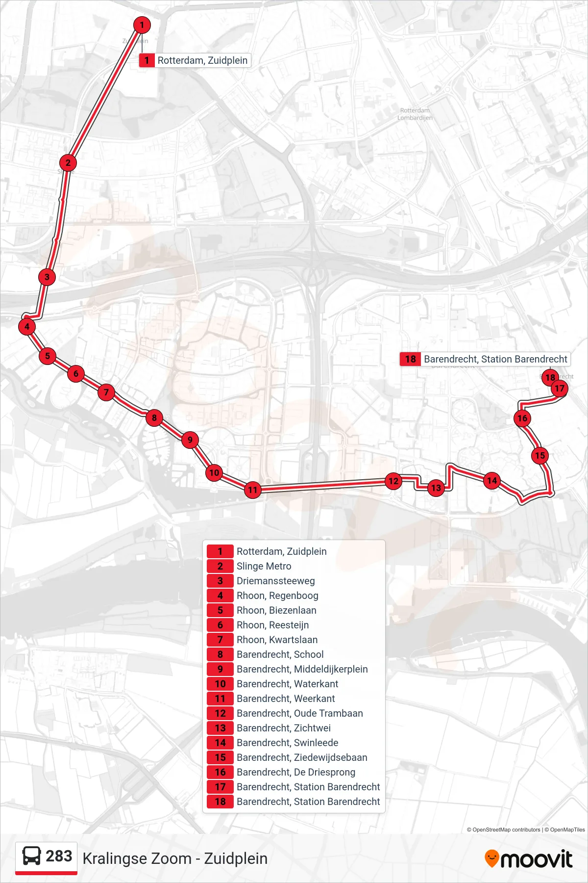 Lijn 283 (bus, Station Barendrecht): route en haltes op de kaart