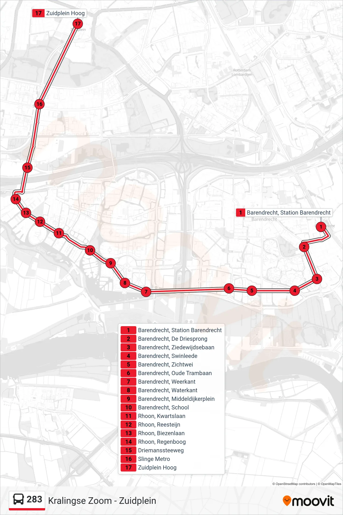 Lijn 283 (bus, Zuidplein): route en haltes op de kaart