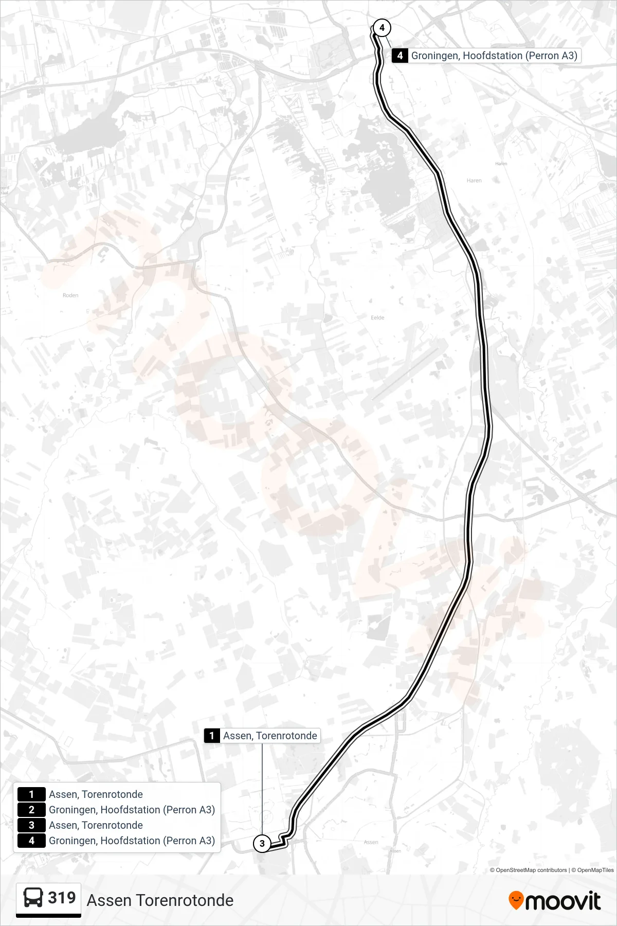 Lijn 319 (bus, Assen Torenrotonde): route en haltes op de kaart