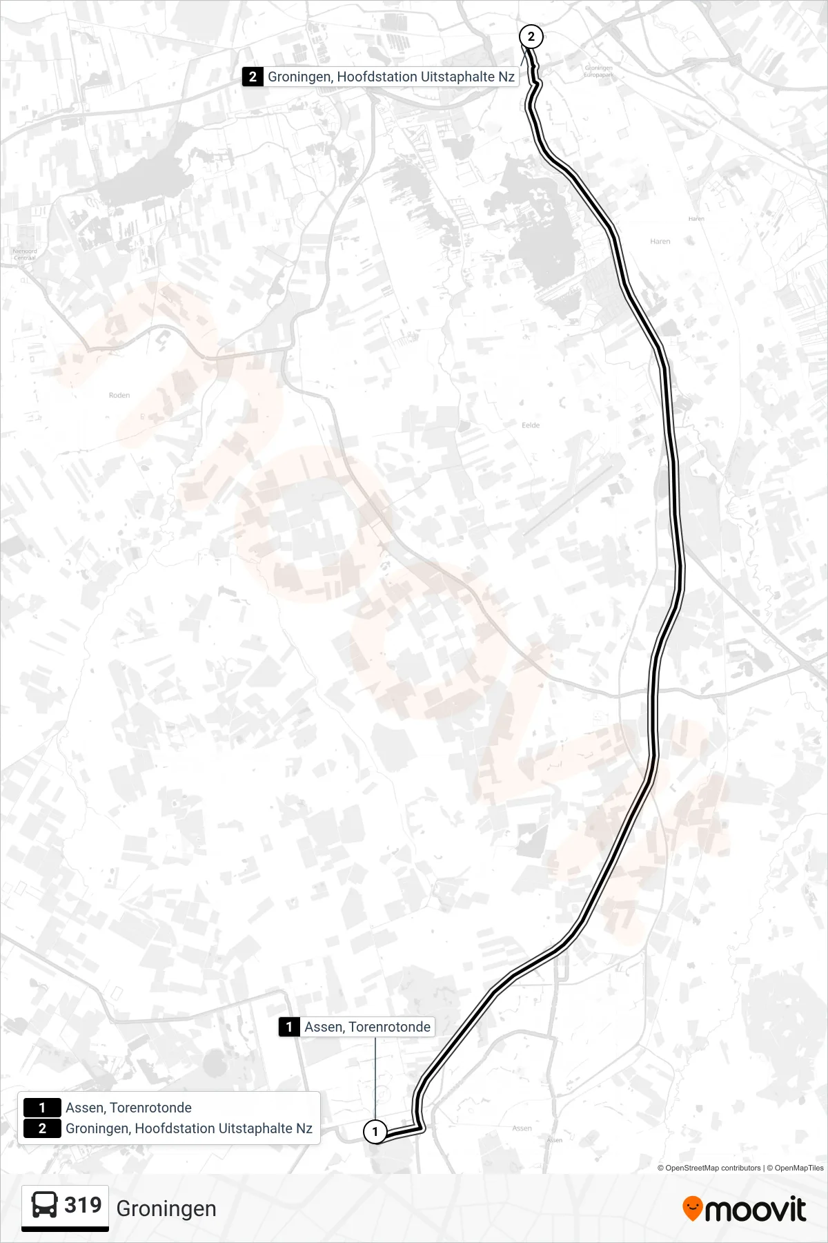Lijn 319 (bus, Groningen): route en haltes op de kaart