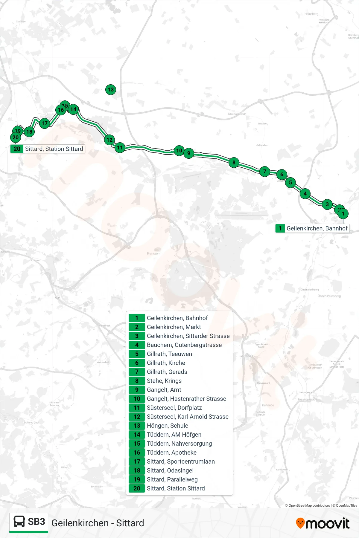 SB3 bus Line (Sittard Station) route and stops on a map