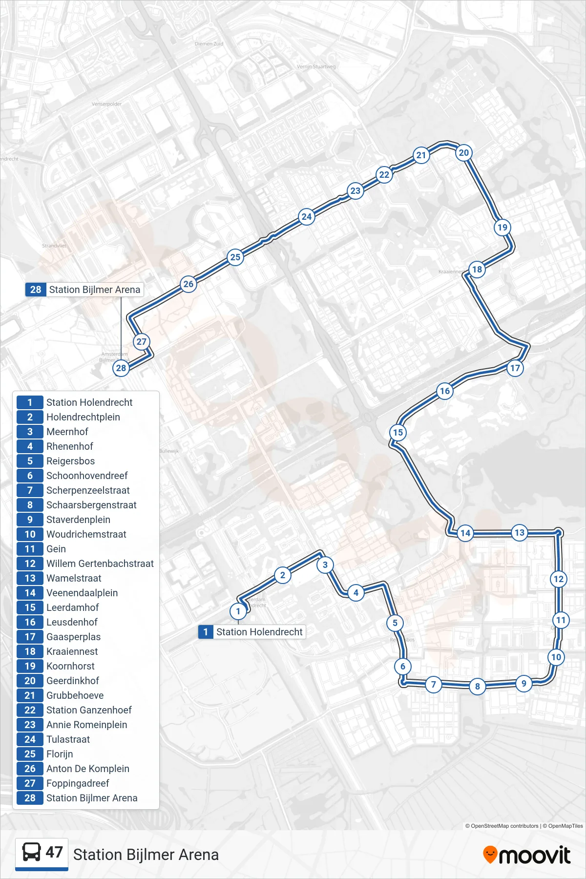 Lijn 47 (bus, Station Bijlmer Arena): route en haltes op de kaart