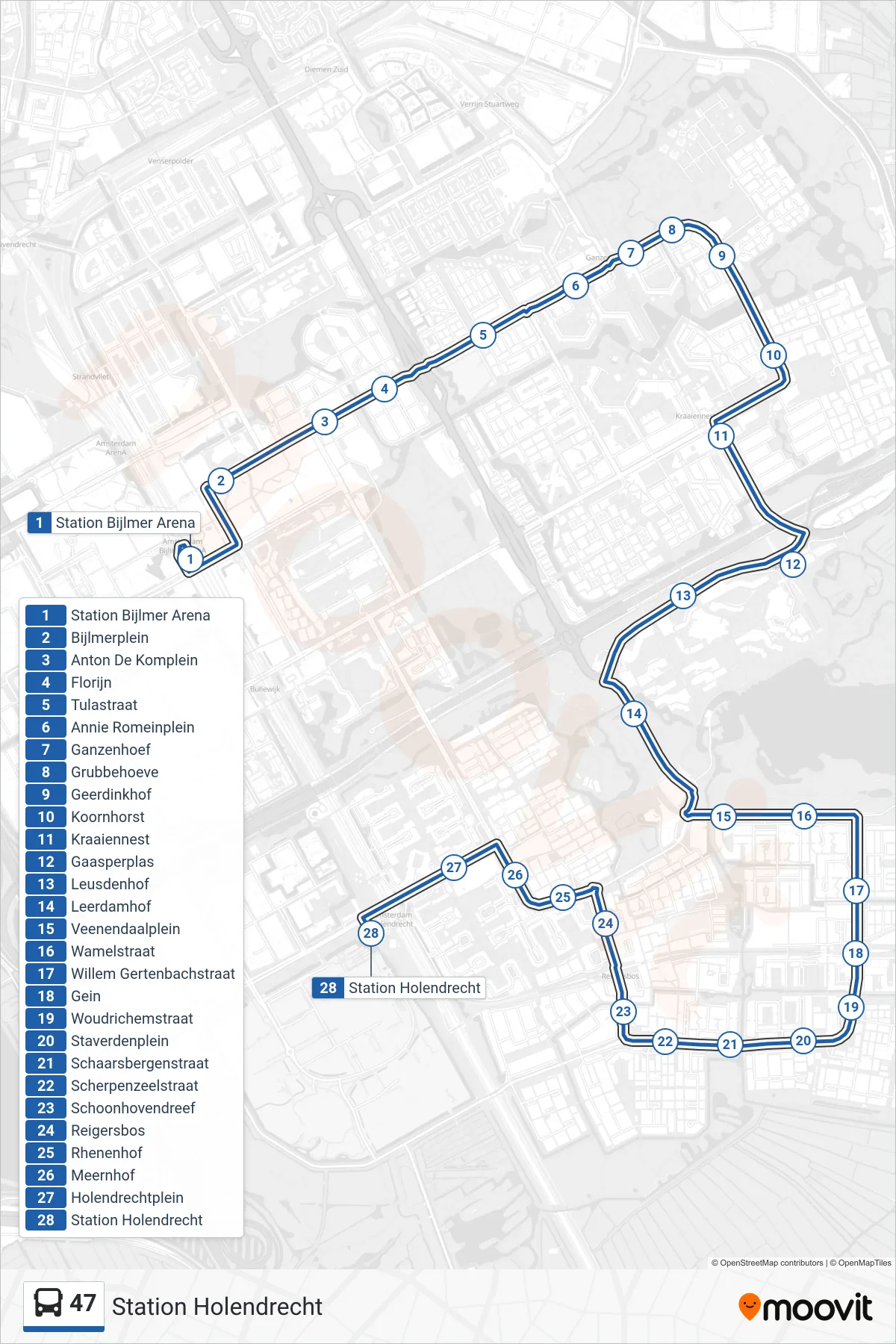 Lijn 47 (bus, Station Holendrecht): route en haltes op de kaart