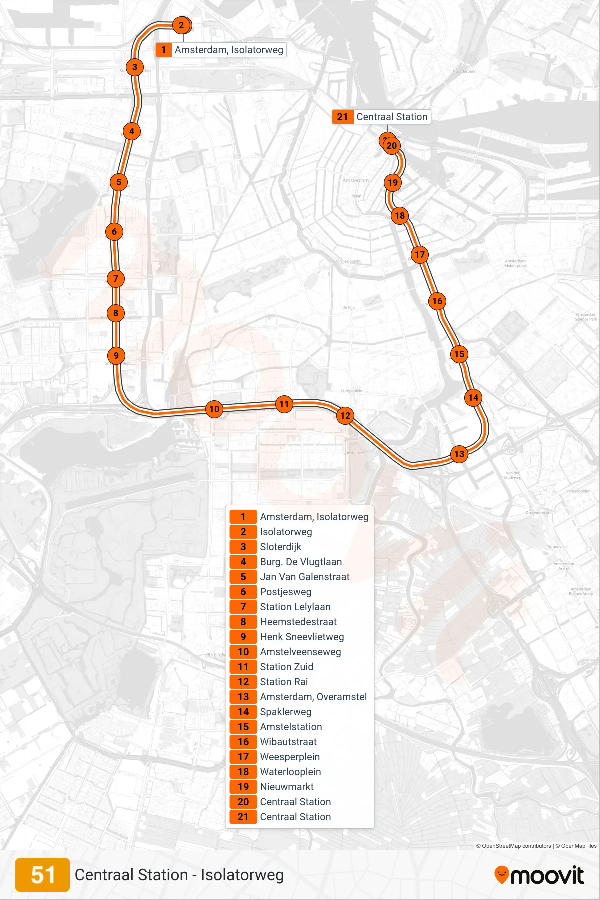 Lijn 51 (metro, Centraal Station): route en haltes op de kaart