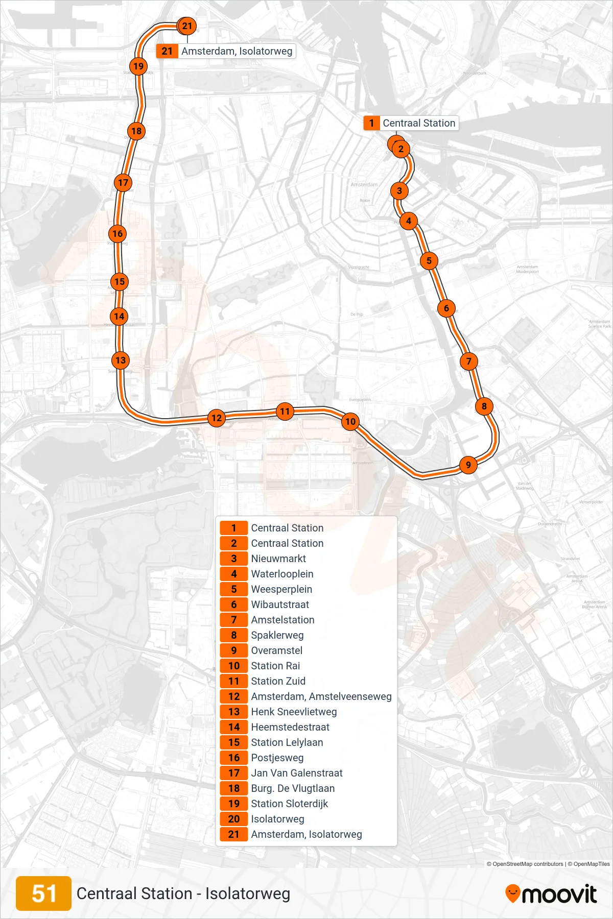51 metro Line (Isolatorweg) route and stops on a map