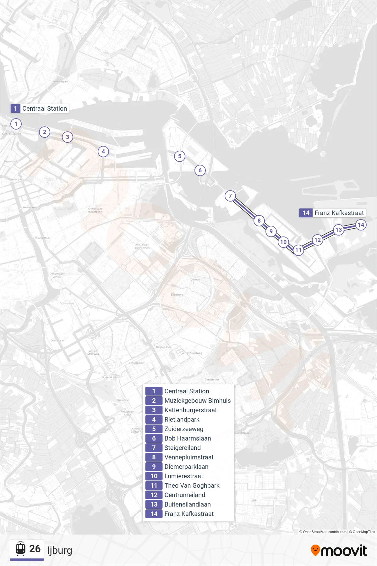 Lijn 26 (tram, Ijburg): route en haltes op de kaart