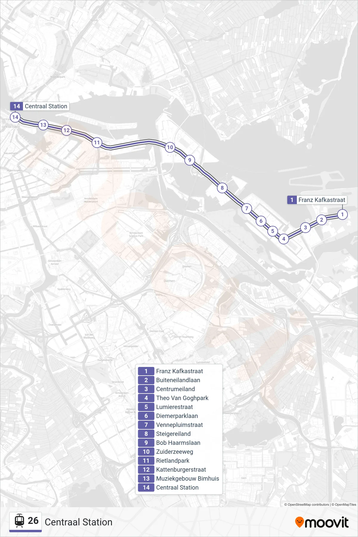 Lijn 26 (tram, Centraal Station): route en haltes op de kaart