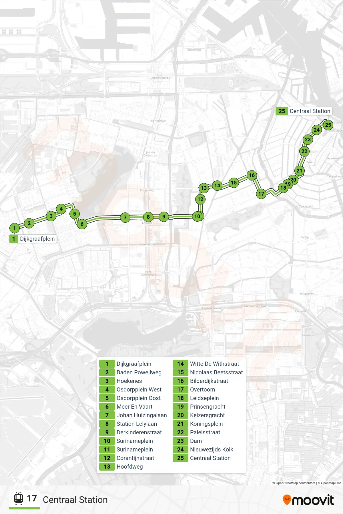 Lijn 17 (tram, Centraal Station): route en haltes op de kaart