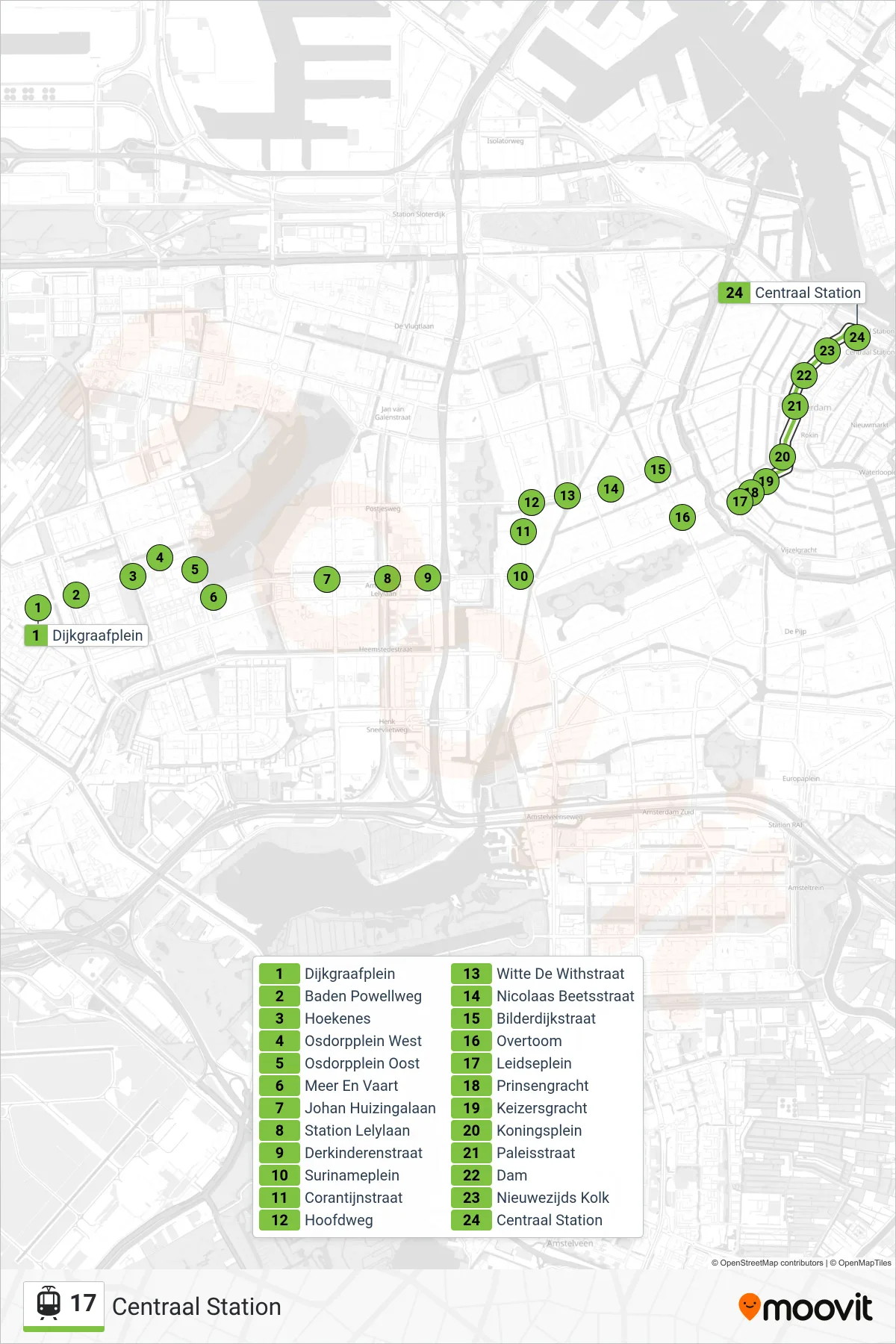 Lijn 17 (tram, Centraal Station): route en haltes op de kaart