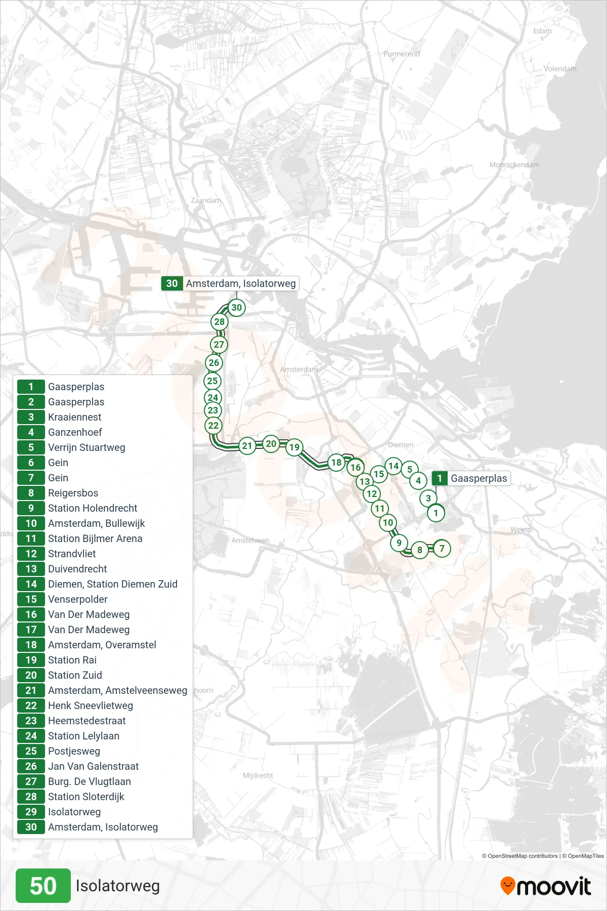 Lijn 50 (metro, Isolatorweg): route en haltes op de kaart