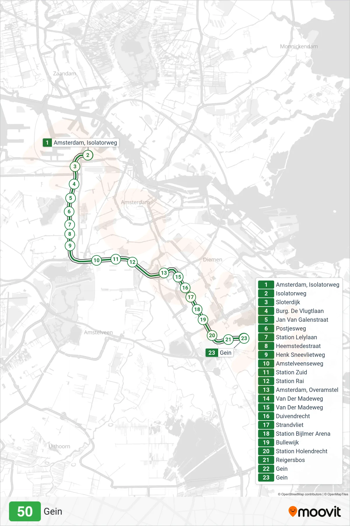 Lijn 50 (metro, Gein): route en haltes op de kaart