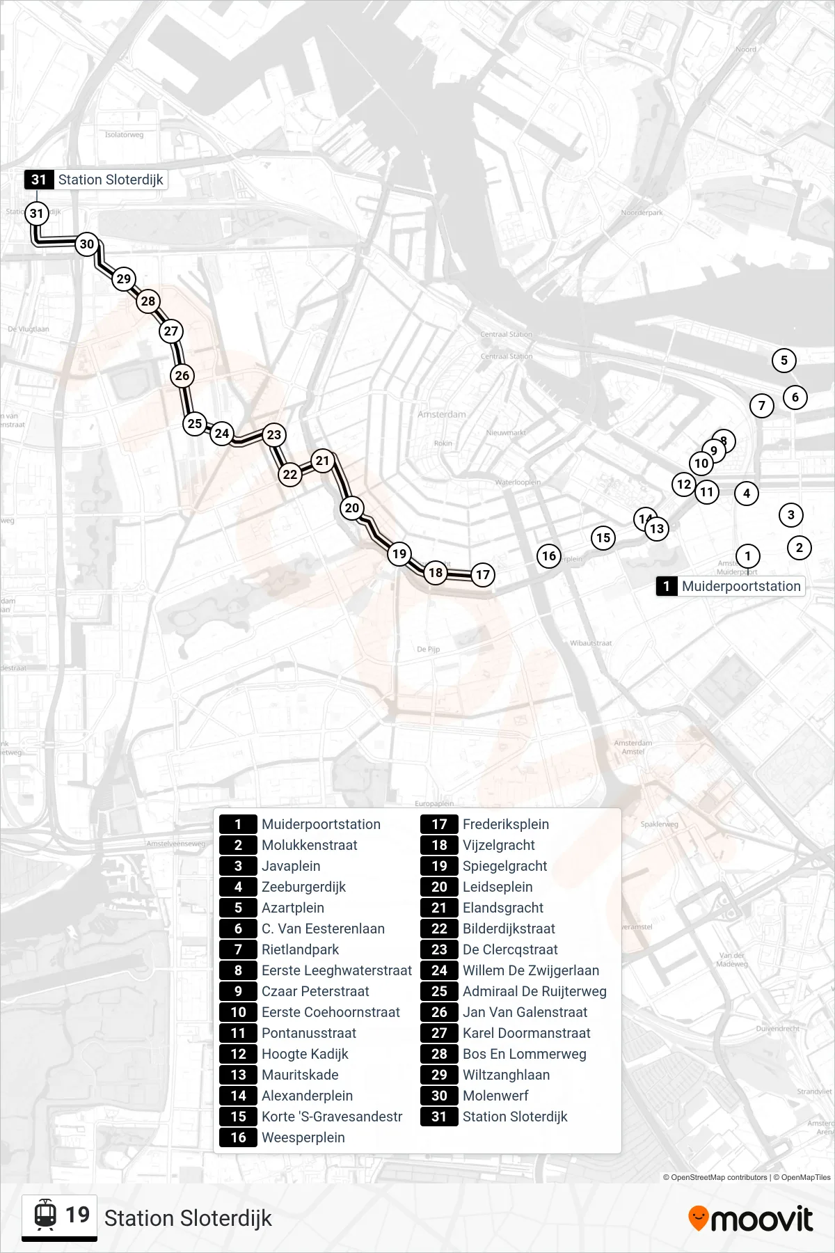 Lijn 19 (tram, Station Sloterdijk): route en haltes op de kaart