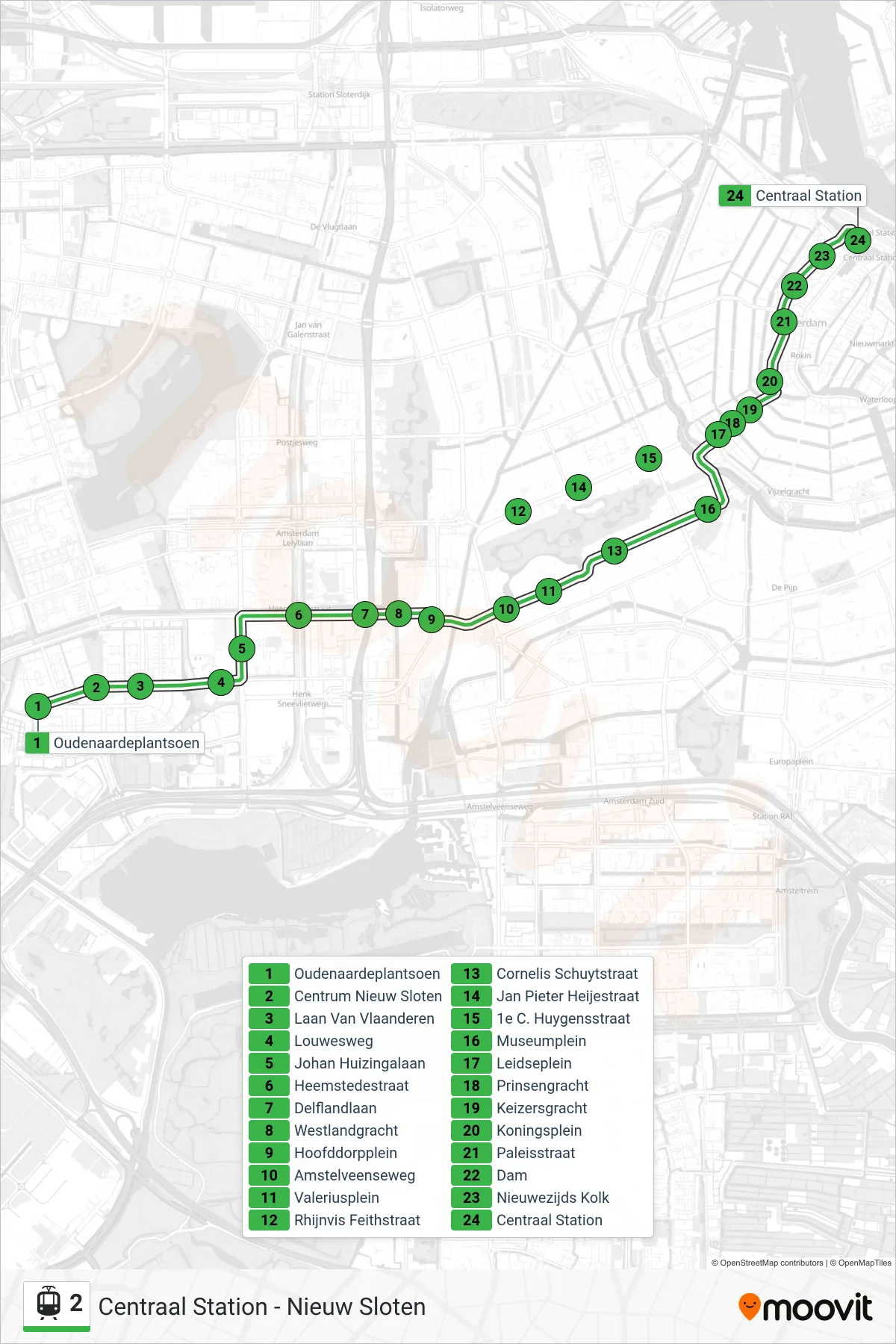 Lijn 2 (tram, Centraal Station): route en haltes op de kaart