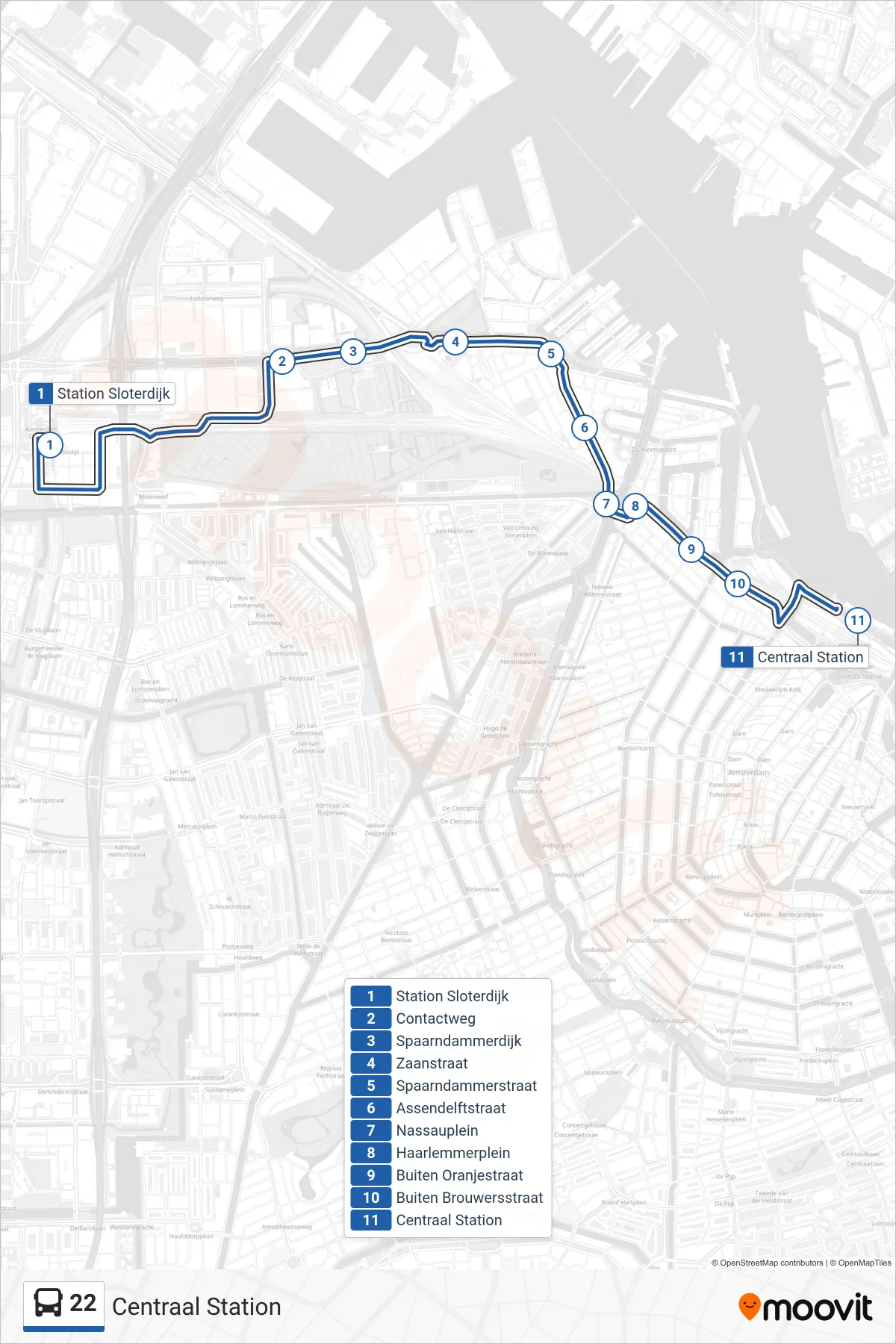 Lijn 22 (bus, Centraal Station): route en haltes op de kaart