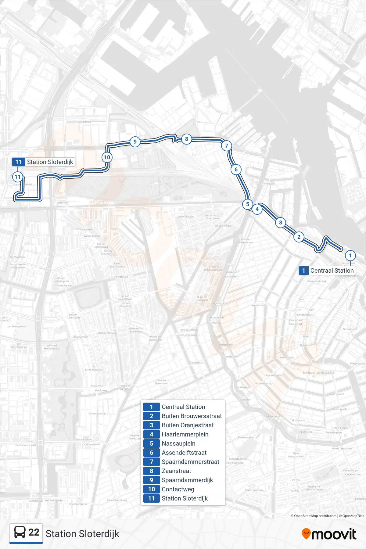 Lijn 22 (bus, Station Sloterdijk): route en haltes op de kaart