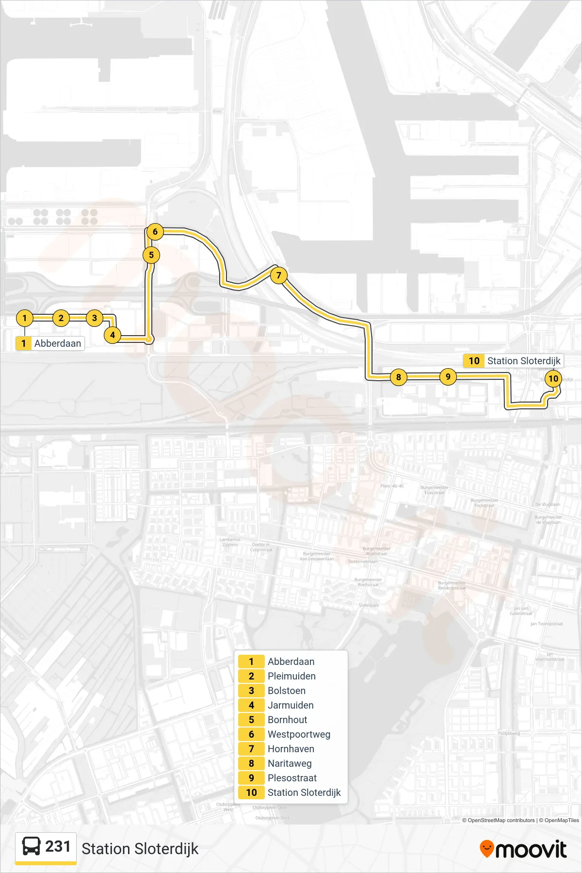 Lijn 231 (bus, Station Sloterdijk): route en haltes op de kaart