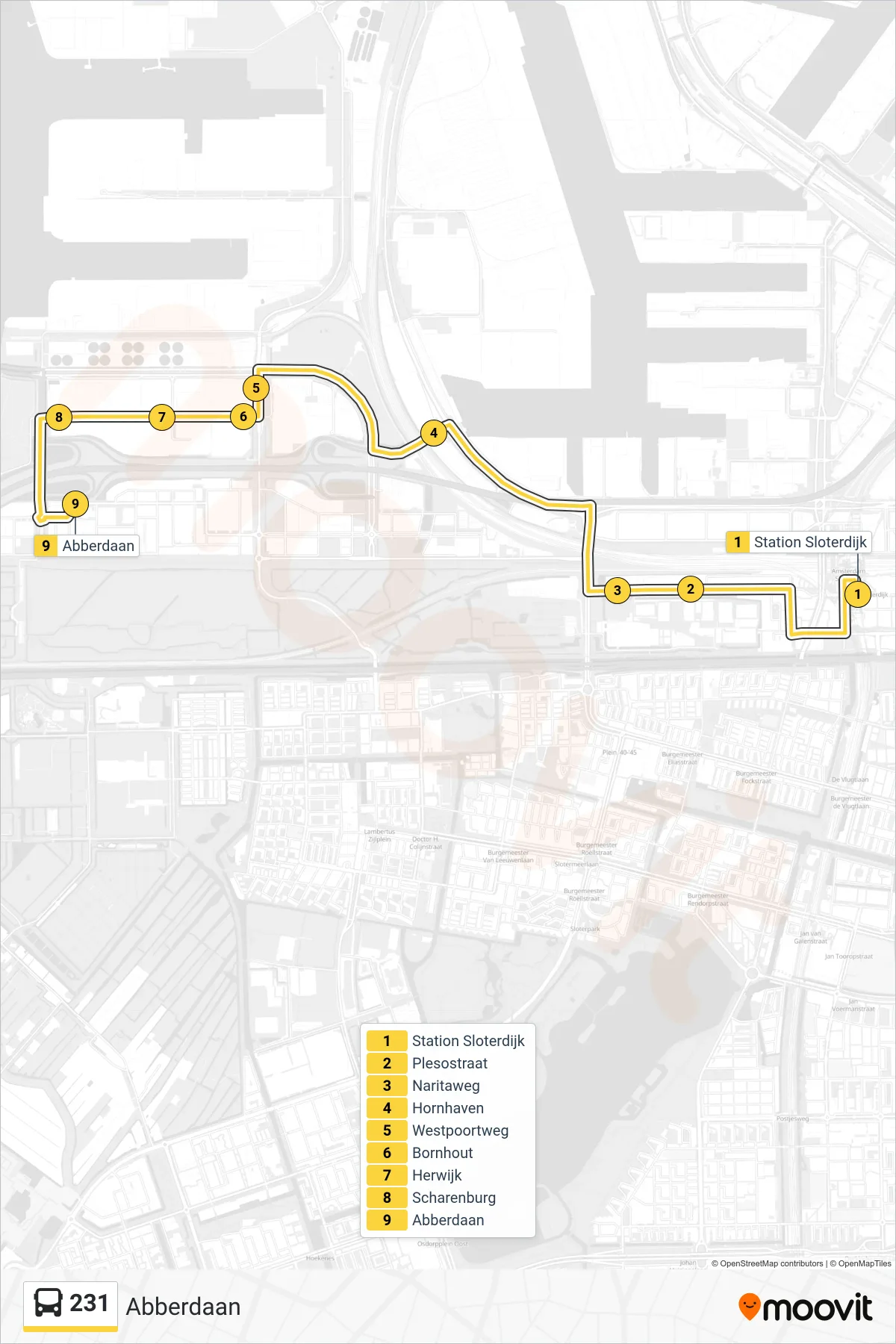 Lijn 231 (bus, Abberdaan): route en haltes op de kaart